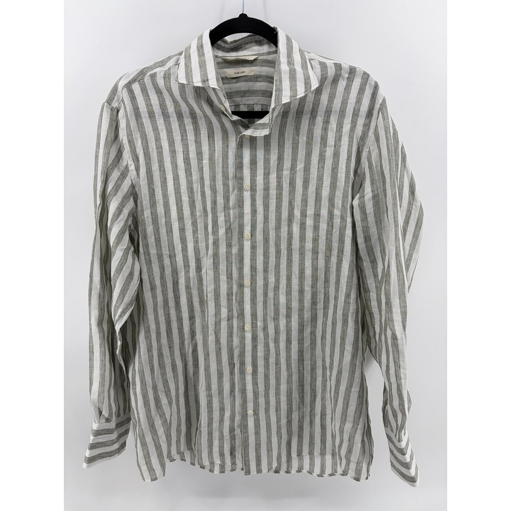 Suitsupply 100% Linen Shirt, Slim Fit , Striped Olive Green, Luxury, Size 41/42